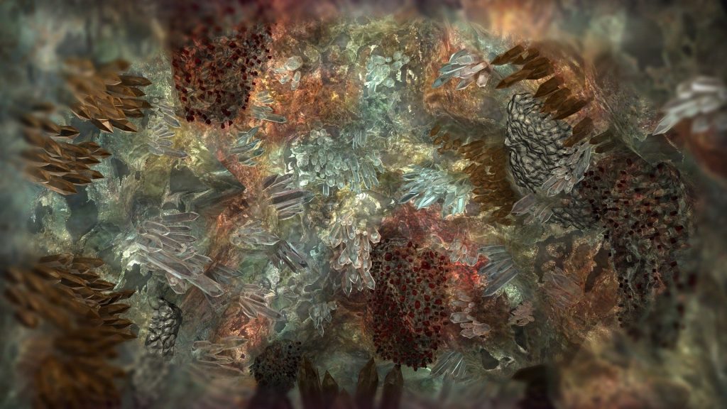 A drawing representing crystals in a dreamy and ominous way.